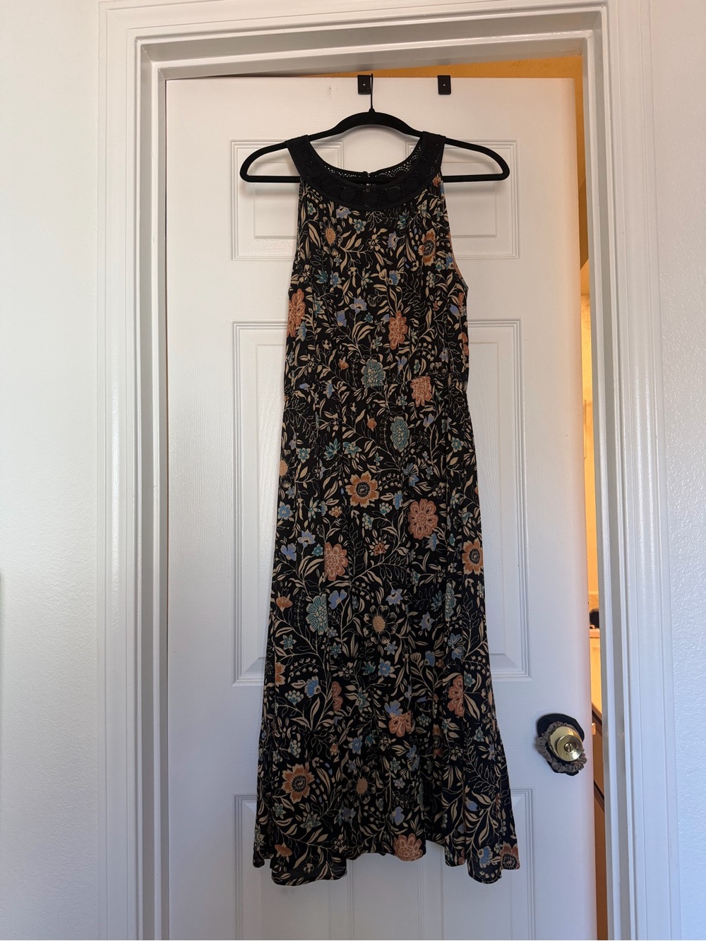 Daniel Rainn Black Midi Dress with Peach and Muted Blue Floral Print